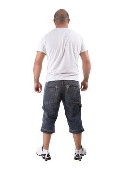 Back view of a strong young man standing. Isolated on white background.