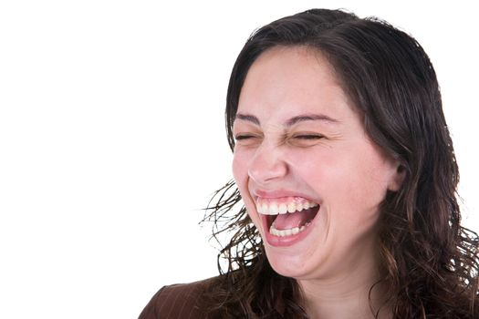 Young girl laughing. Isolated on white background.