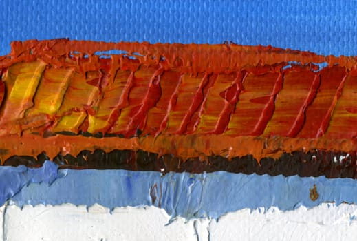 An abstract row of slanted orange lines, painted in oil.
