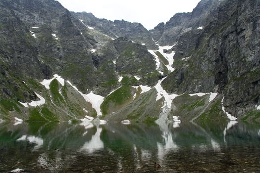 High mountains with snow and ice over lake