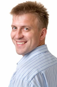 young smiling man on a white background.