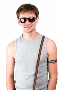 boy in sunglasses on a white background