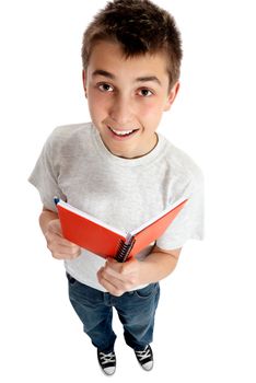 A boy or a student holding a spiral notepad book.