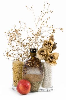 beautiful kitchen still life and dry flowers, isolated on a white background