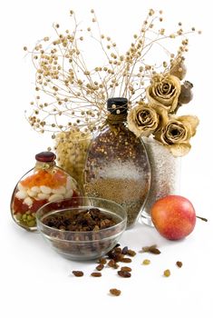 beautiful kitchen still life and dry flowers, isolated on a white background