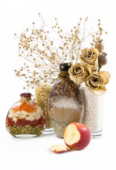 beautiful kitchen still life and dry flowers, isolated on a white background