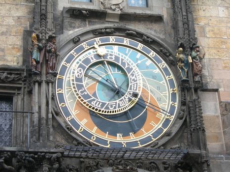 Medieval astronomical clock Orloj, located in Prague, the capital of the Czech Republic. The Orloj is mounted on the southern wall of Old Town City Hall in the Old Town Square and is a popular tourist attraction.