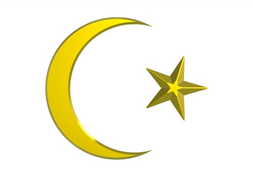 Golden crescent and star isolated on white