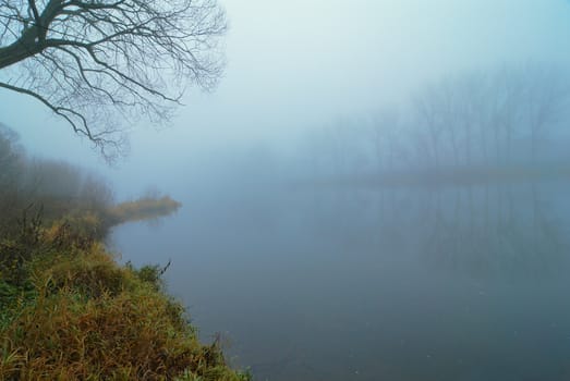 The river in a fog. Autumn morning. Cold color.