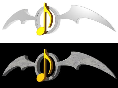 golden note and batwings logo on white and black background - 3d illustration