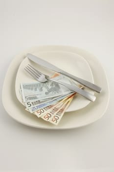 Euros on a plate with a stainless steel knife and fork with on a white background