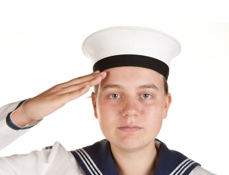 young female sailor saluting isolated on white