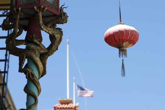 An abstract shot of a dragon and lamp in China Town, San Francisco.