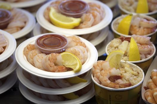 A shot of shrimp and assorted seafood cocktails from the San Francisco markets.