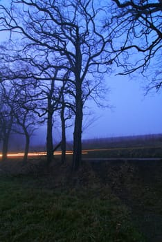 Country highway. A trace from the car.