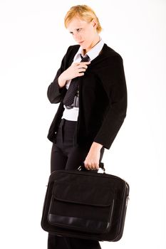 Busy business woman with her laptop bag