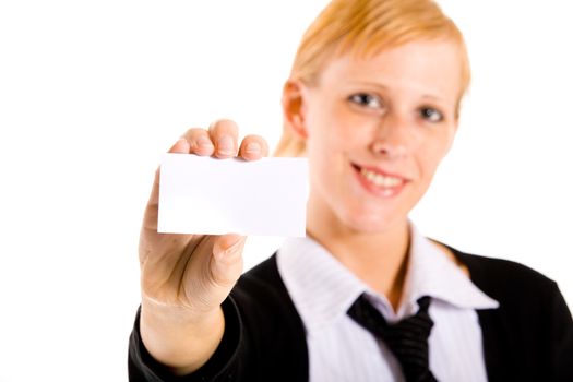 Business woman presenting her white card. Focus in on the hand with the empty white card.