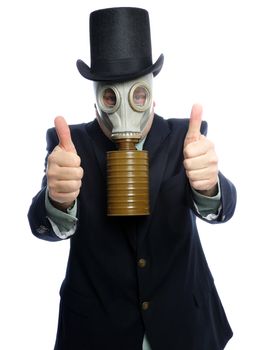 Man wearing a suit and gas mask on a white background