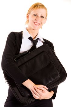 Friendly business woman with a laptop bag
