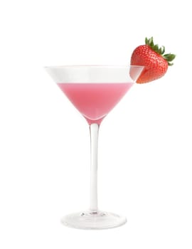 Pink drink in martini glass with strawberry against white background.