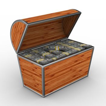 Open box with dollars on white background. Isolated 3D image.