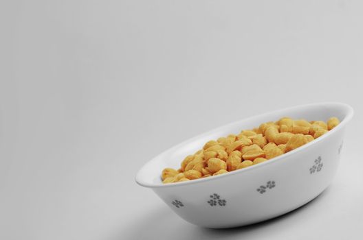 White bowl of peanuts against a white background.