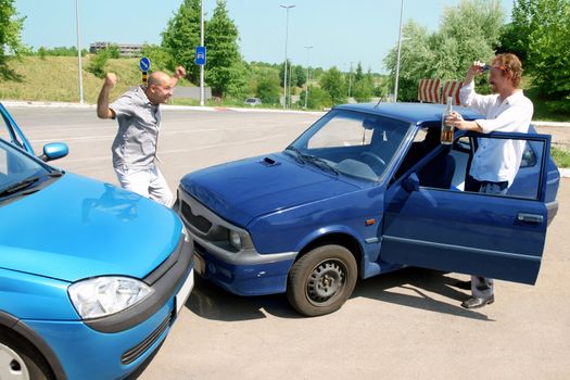 accident two cars, angry businessman and drunk man holding a bottle alcohol