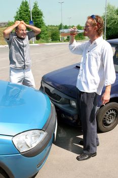 accident two cars, angry businessman and drunk man holding a bottle alcohol