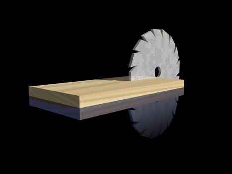 saw blade and wood on black background - 3d illustration