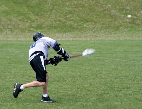 A lacrosse player taking a shot on goal.
