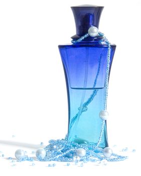 The image of a bottle with perfumery water and the scattered thread of a beads