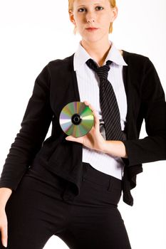 Friendly business woman presenting a compact disk. 