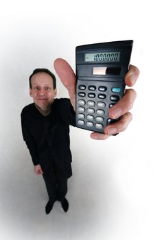 Adult man in black suit with calculator in hand on white background