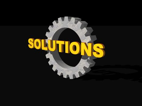 solutions text and gearwheel on black background - 3d illustration