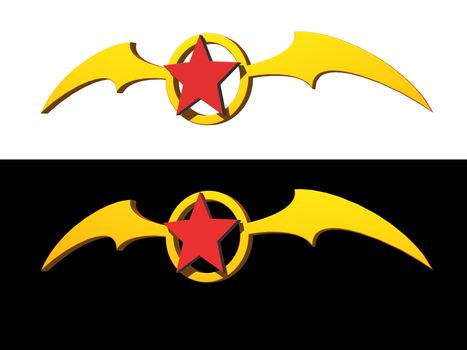 red star and bat wings logo on black and white background - 3d illustration