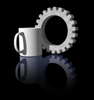 mug and gearwheel on black background - 3d illustration