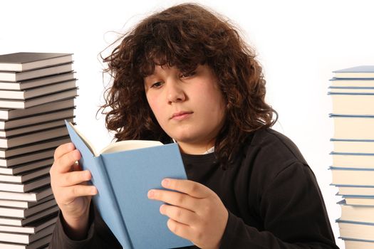 boy reading a book and many books on white background