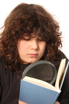 boy reading a book with lens on white background