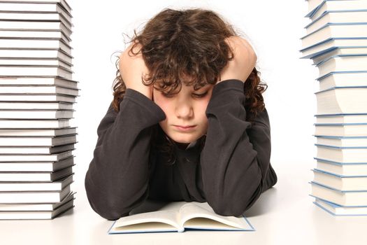 boy reading a book and many books on white background