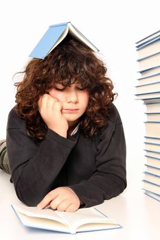 boy reading a book and many books on white background