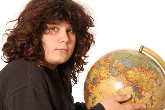 boy and world globe on white background