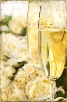 Close-up of champagne glasses with a bouquet of roses on a grunge background