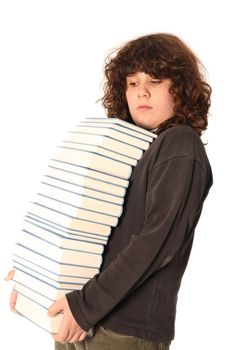 boy carrying books on white background