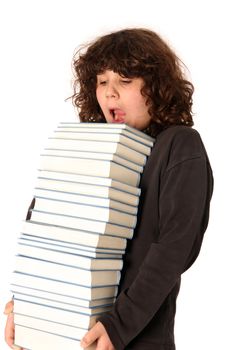 boy carrying books on white background