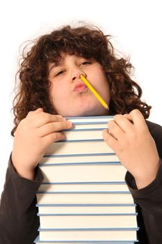 boy with pencil and books on white background