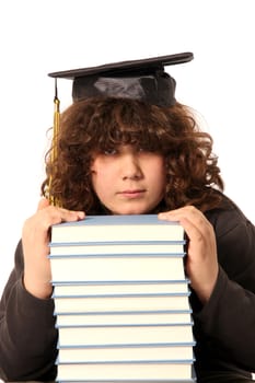 boy and many books on white background