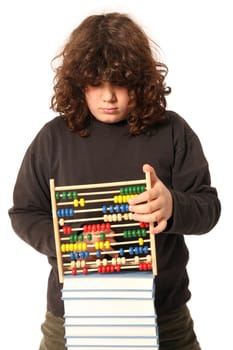 boy with abacus calculator with colored beads and books