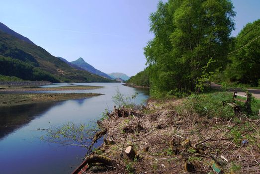 scottish landscape surrounding Loch Leven with the Highlands in the background