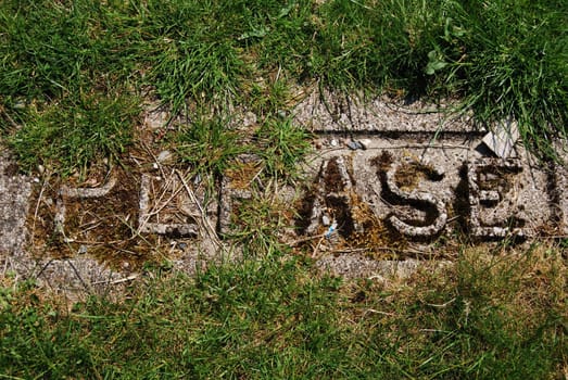 Weathered sign saying "Please" overgrowb with grass