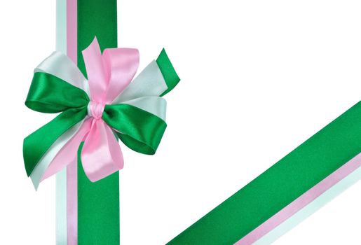 Festive Bow made of Dark Green, Light Green and Pink Ribbons Isolated on White